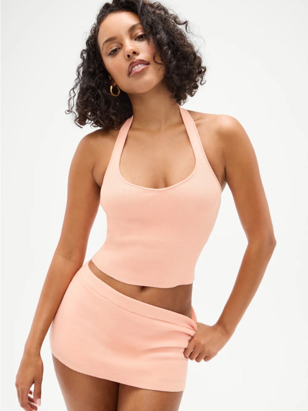 Frankie's Bikinis Peach Ribbed Halter Crop Top & Mini Skirt Set